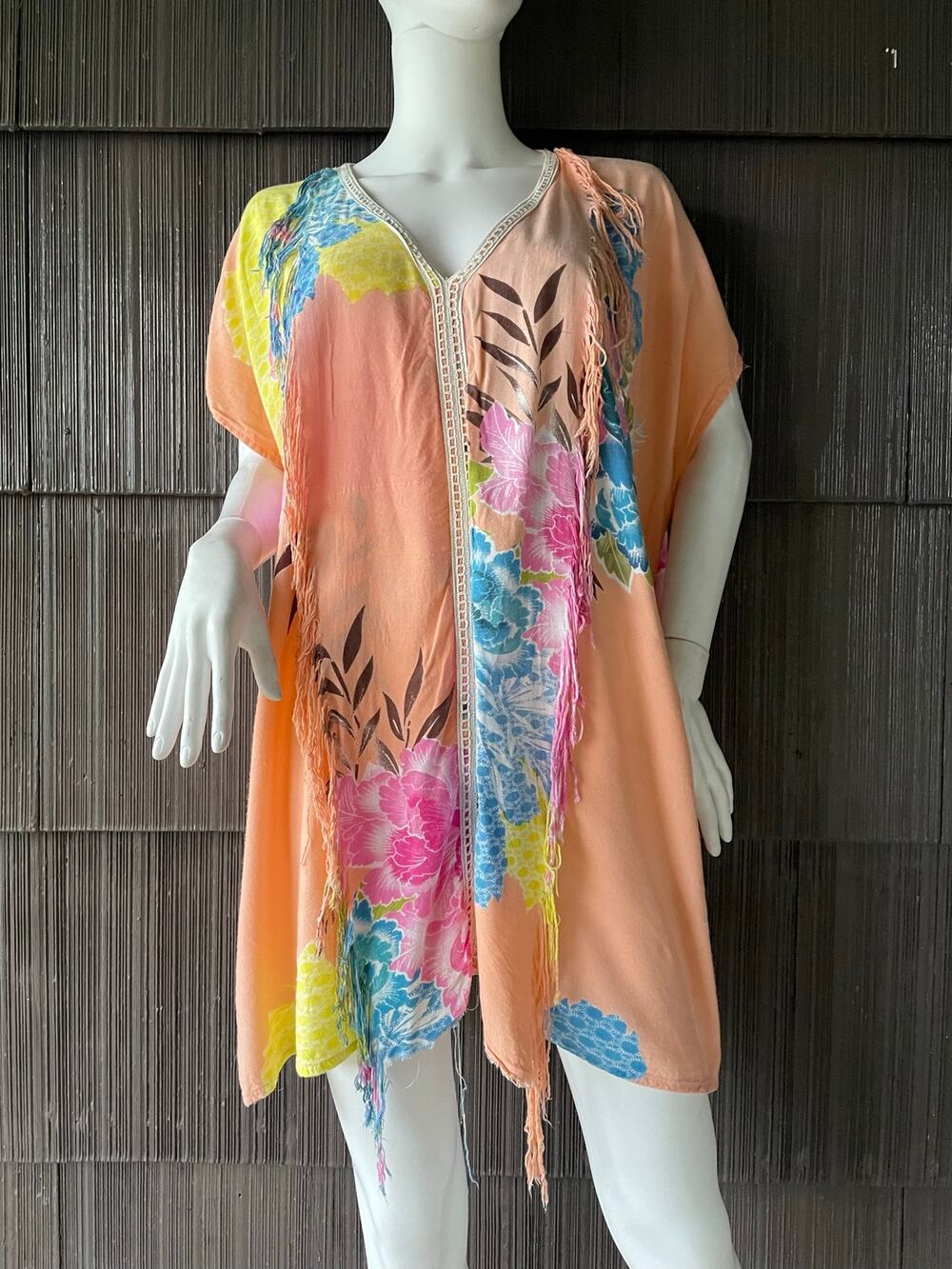 🔥Z&L Europe Fringed Floral Resort Beach Cover Up Caftan Hawaiian Tropical OS